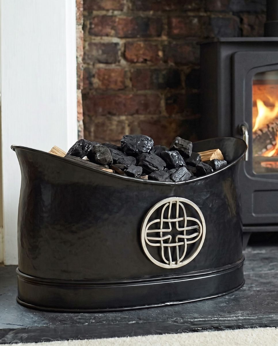 The “Cynbel Kiln” Celtic Log & Coal Holder in Front of a Contemporary White Fireplace - Digital Illustration 