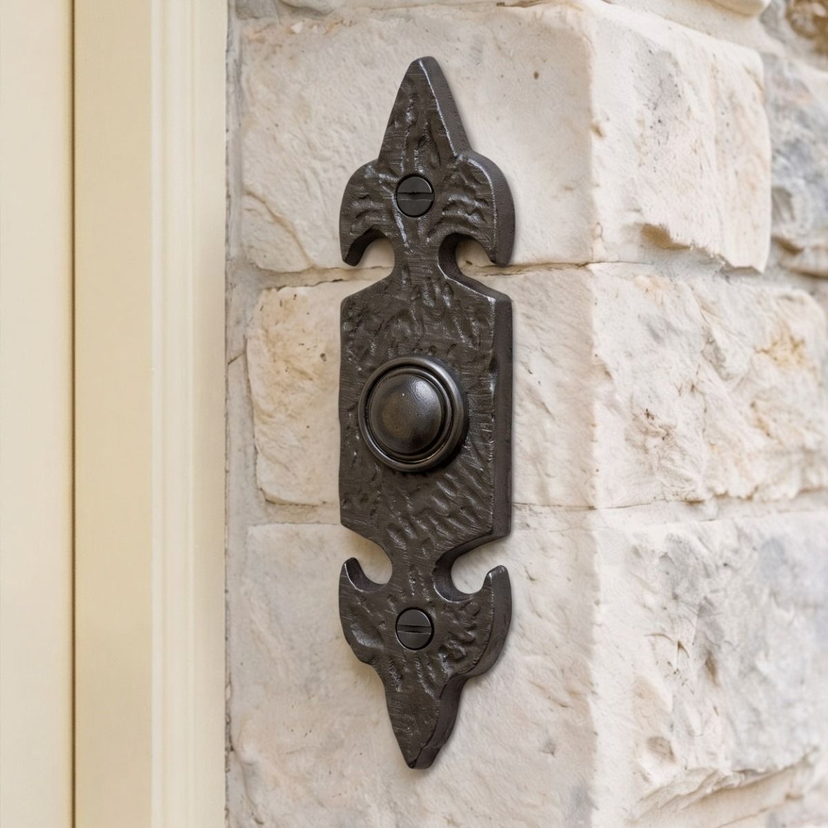 The Dalkirk Black Gothic Bell Push on a White Stone Wall next to a Cream Coloured Door - Digital Illustration