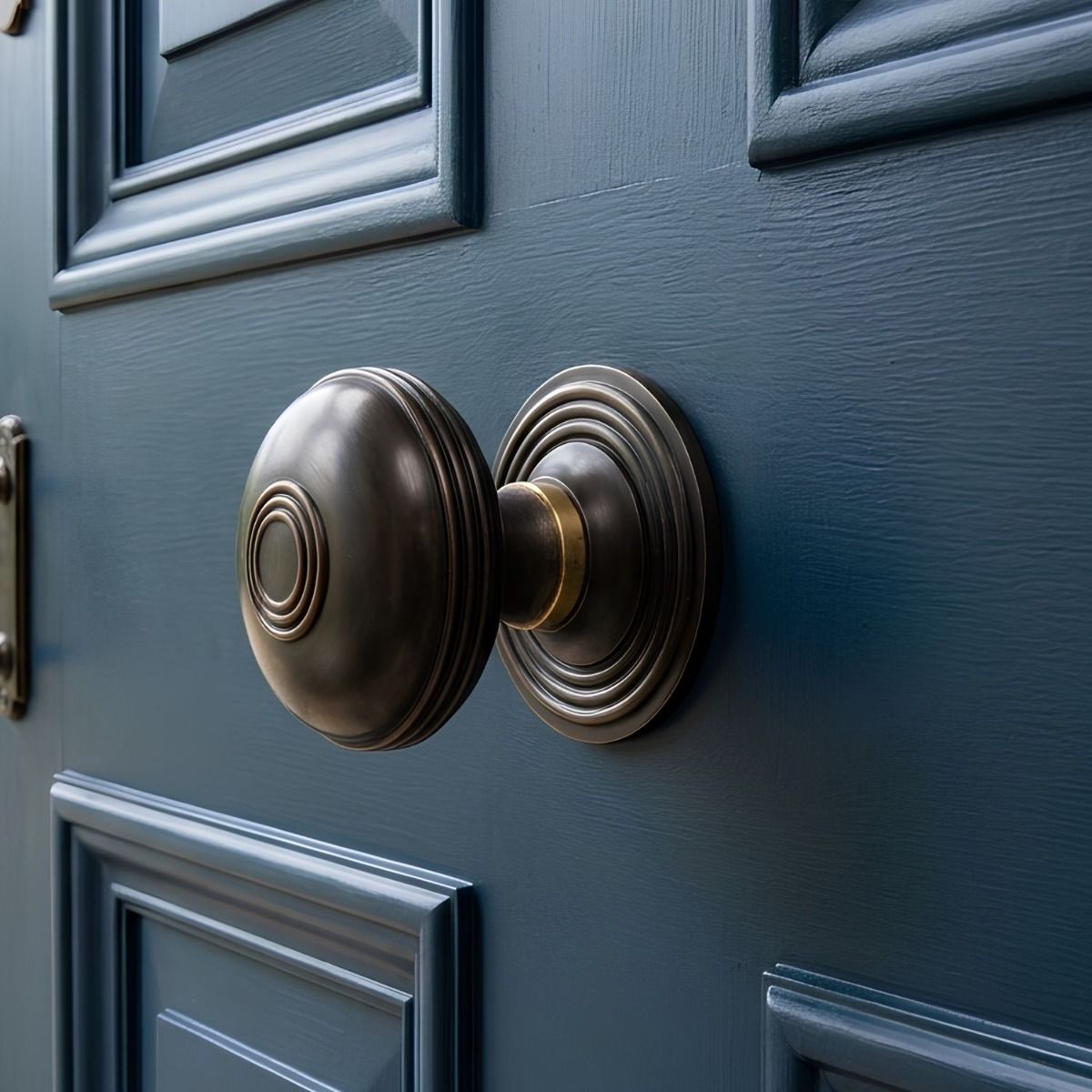 The Dark Bronze Ridged Pattern Centre Door Knob on a Blue Front Door to a Grand Home - Digital Illustration