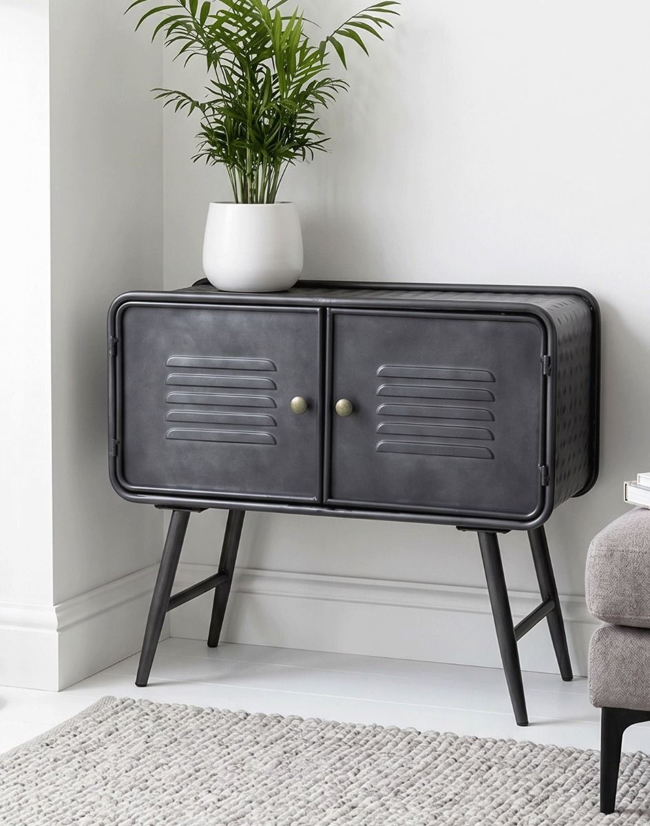 The Dark Grey Retro Inspired Cabinet in a White Living Room in a Modern Home - Digital Illustration