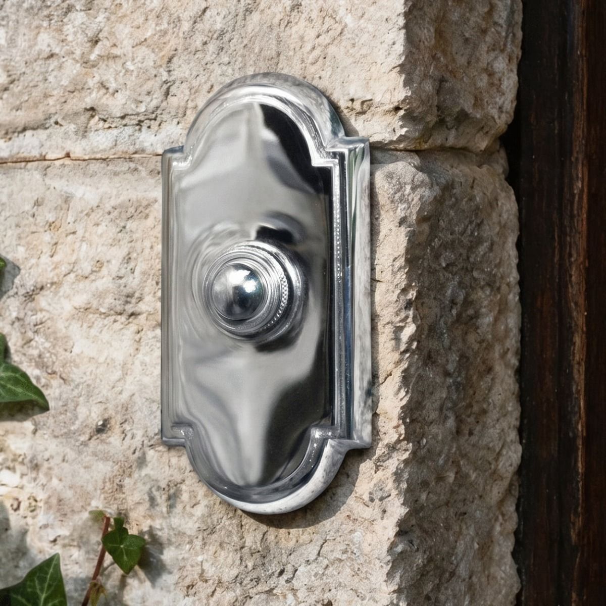 The "Davenport" Bright Chrome Bell Push on an Exterior Wall on a Cottage Home - Digital Illustration 