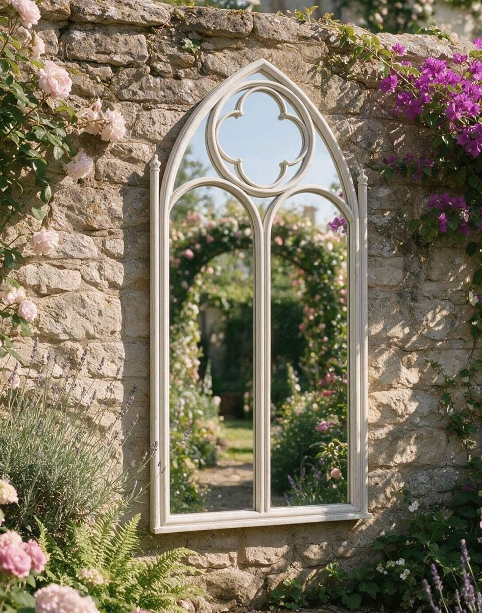 The Decorative Gothic Garden Wall Mirror on a Sunny Stone Wall in a Country Garden - Digital Illustration 