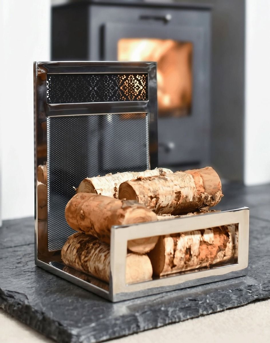 The Decorative “Hinburn House” Contemporary Stainless Steel Log Store Placed next to a Log Burner Stove in a Contemporary Home - Digital Illustration 
