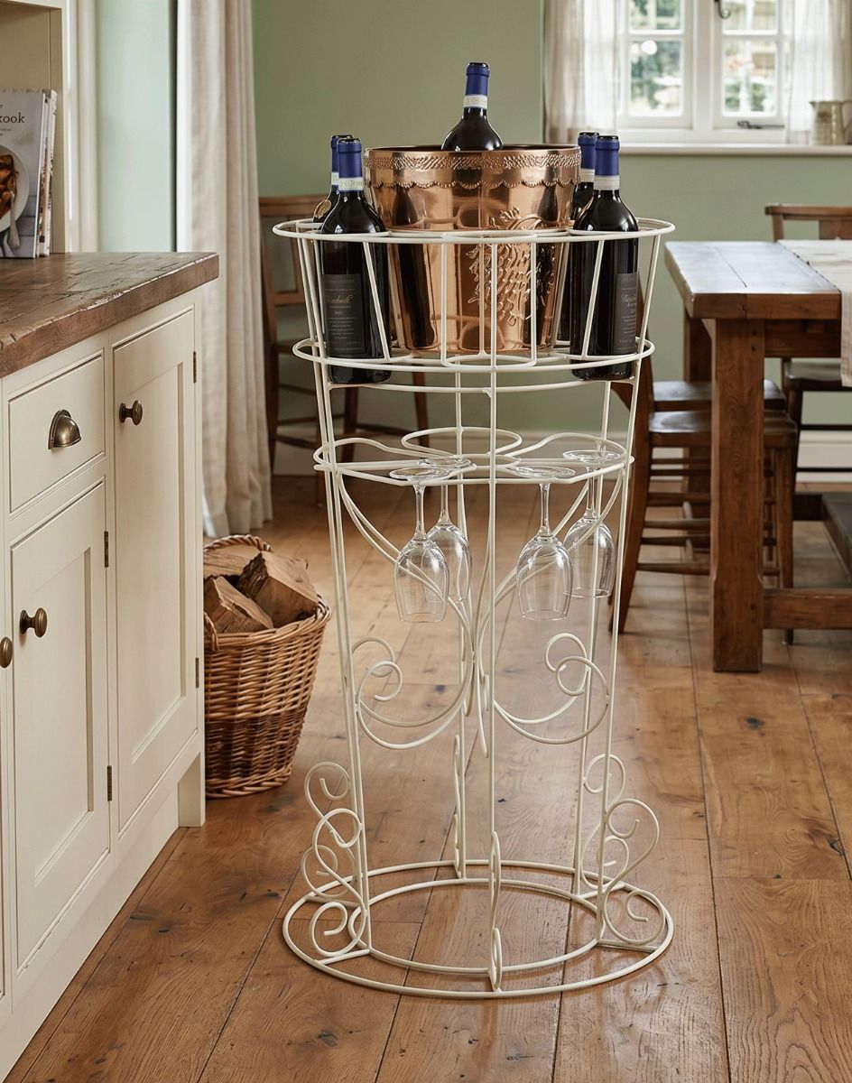 The Deluxe "Lynelle" in a Cream Finish Floor Standing Wine & Glass Rack Placed in a Countryside Cottage Kitchen - Digital Illustration 