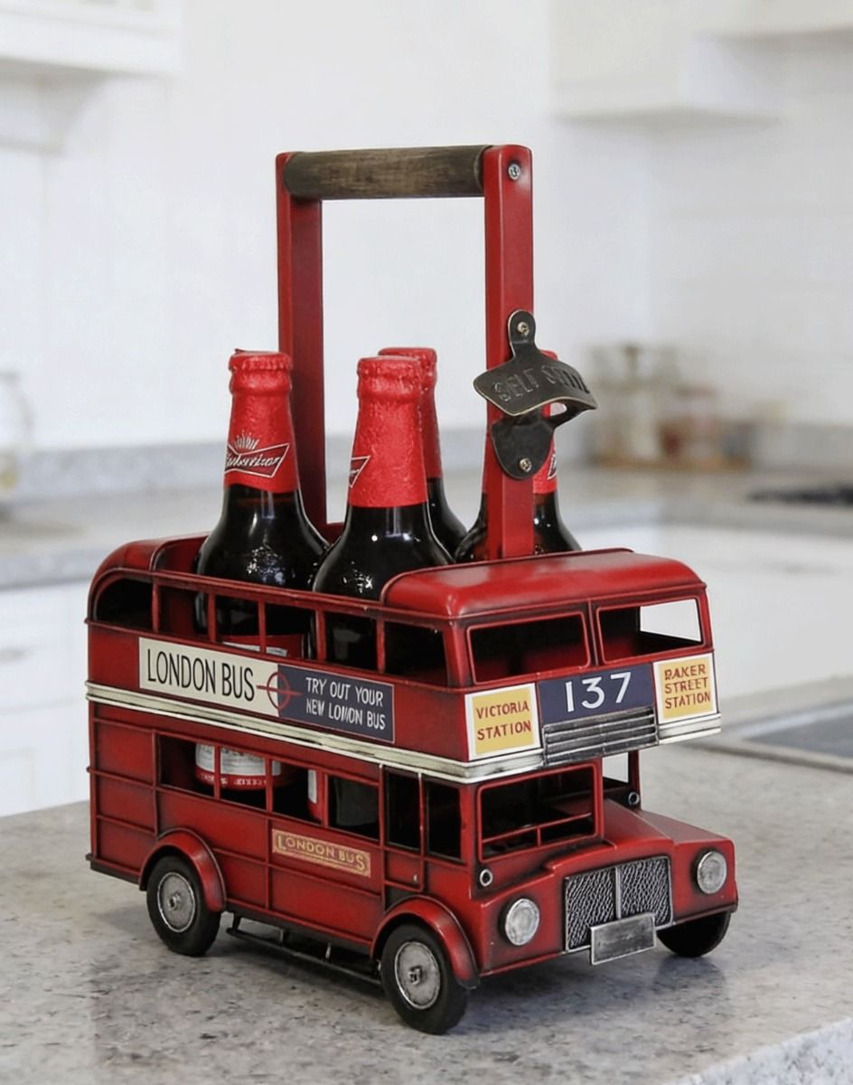 The Double Decker Bus Bottle Carrier Holding some Bottles in a modern White Kitchen - Digital Illustration