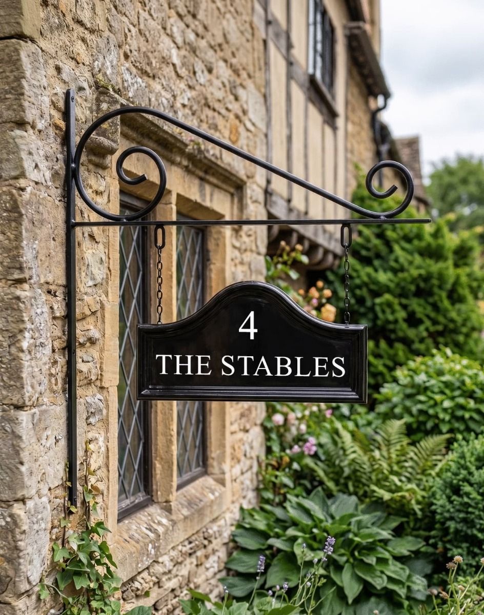 The Double Sided Classic Black House Name Sign with Vinyl Lettering Mounted on a Country Cottage - Digital Illustration 