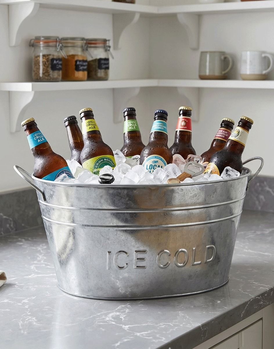 The Drinks Cooler Crafted from Galvanised Steel Displayed with Ice Chilling some Beers - Digital Illustration
