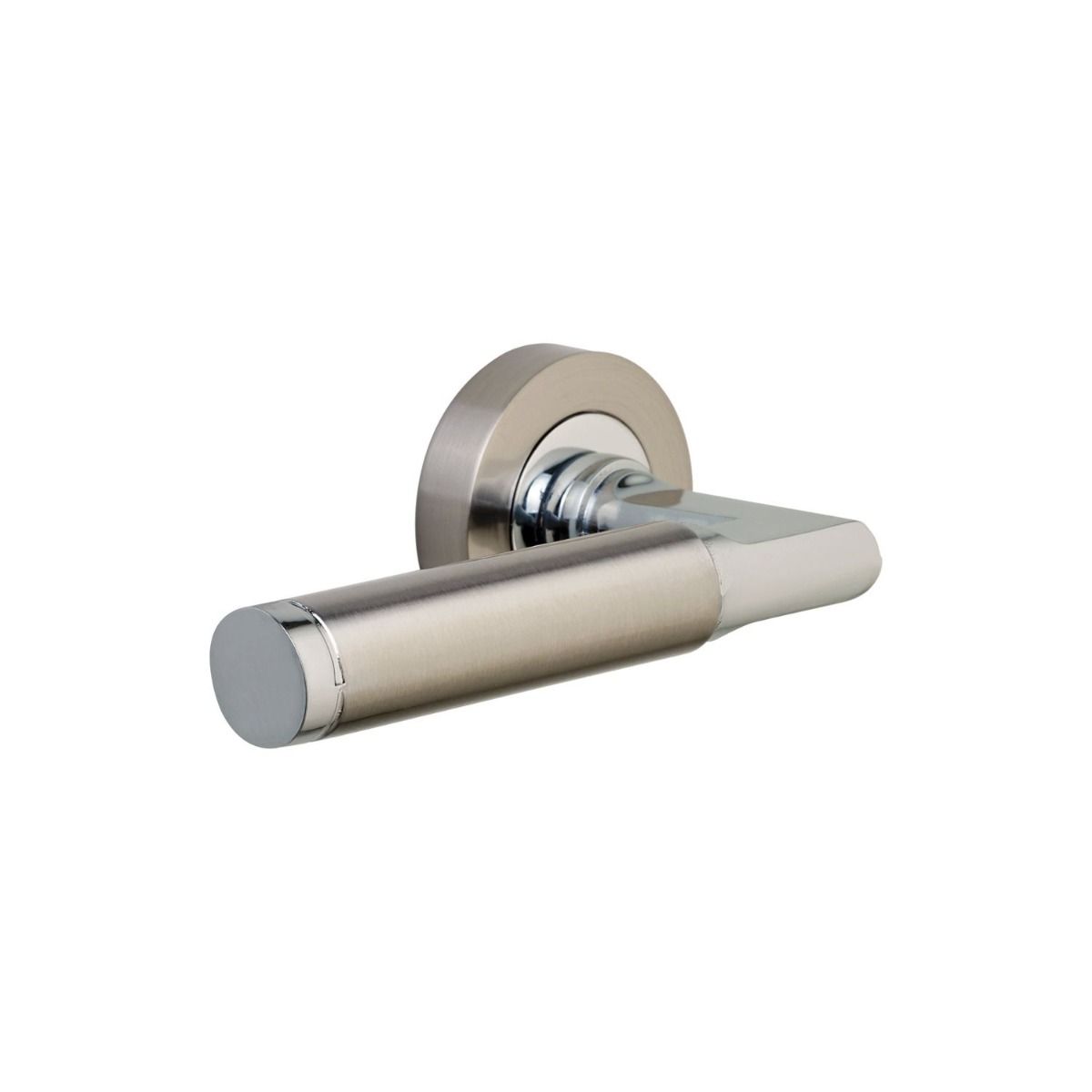 The Dual-Tone Satin and Polished Chrome Round Rose Door Handles - Lever Pair on a White Background