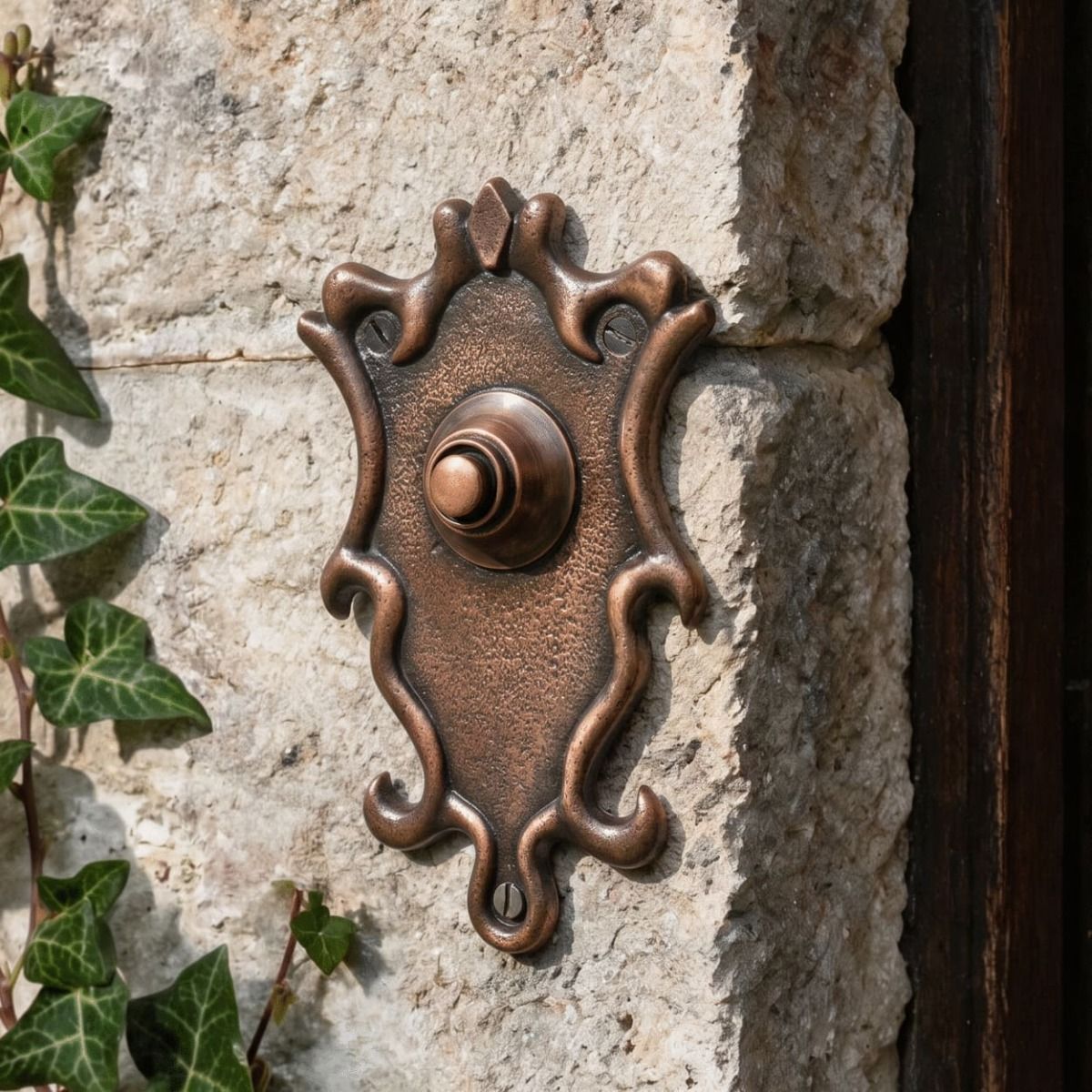 The “Dubrowe Park” Antique Copper Ornate Bell Push on a Stone Wall Next to a Front Door with Ivy next to it - Digital Illustration