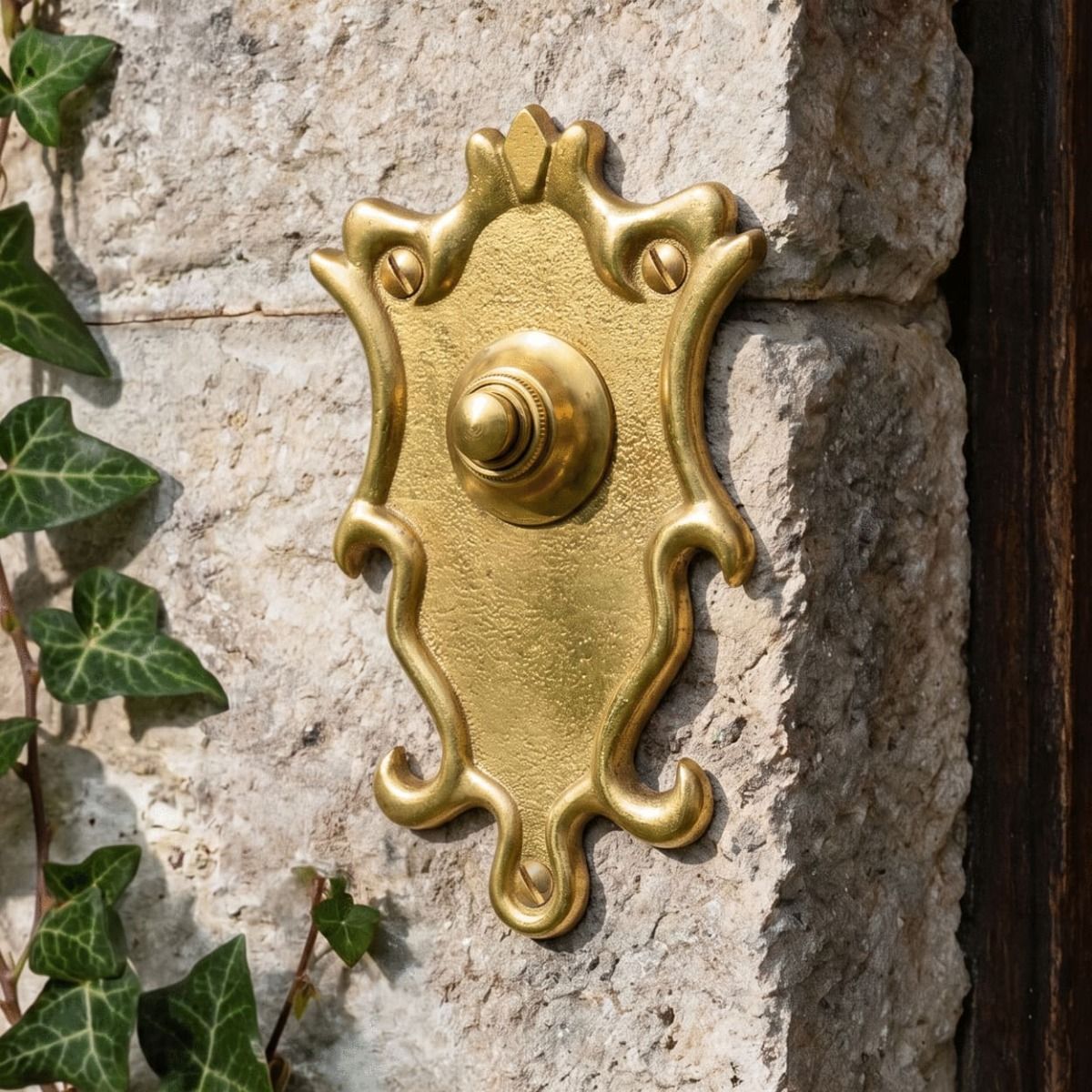 The “Dubrowe Park” Polished Brass Ornate Bell Push on a Wall next to Ivy and a Front Door - Digital Illustration 