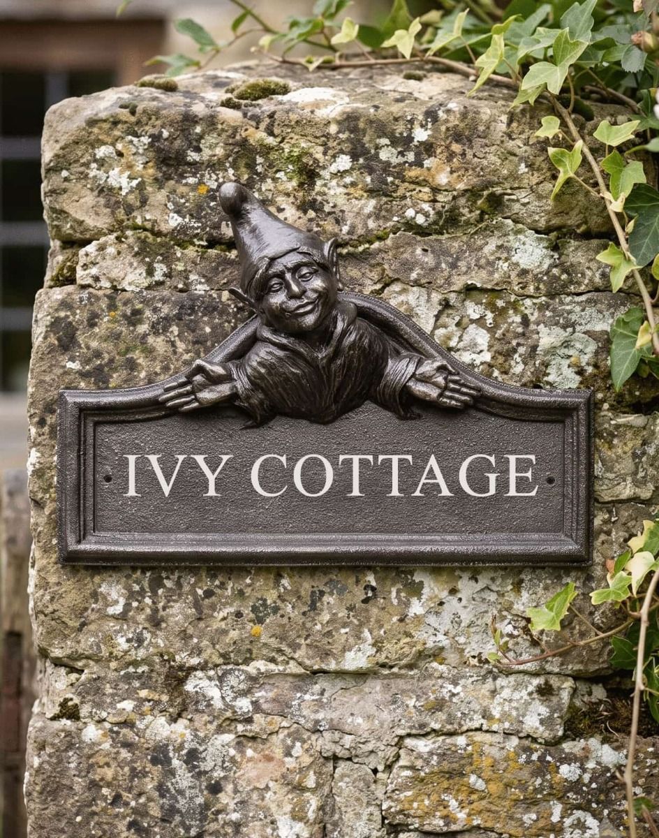 The Elf House Name Sign Mounted on a Stone Gate Post for a House Entrance - Digital Illustration 