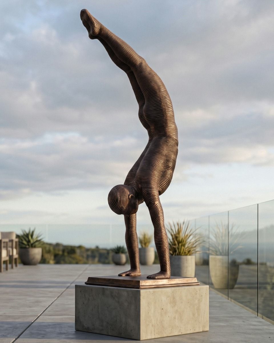 The Equilibrium Handstand Garden Sculpture in Copper in a Modern Garden on a Raised Plinth - Digital Illustration