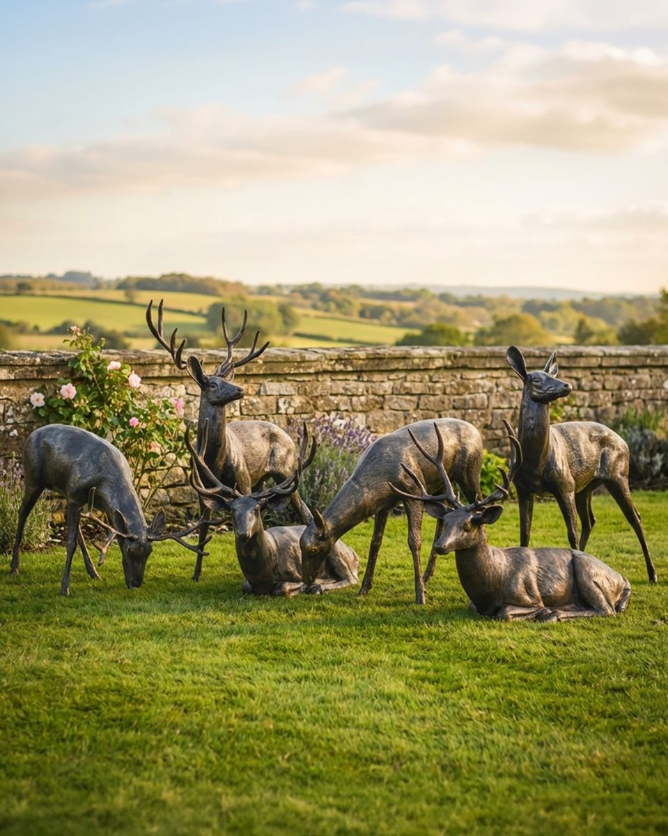 The Estate Collection - Herd of Stag & Doe Sculptures in Cast Aluminium - Set of 6 digital illustration