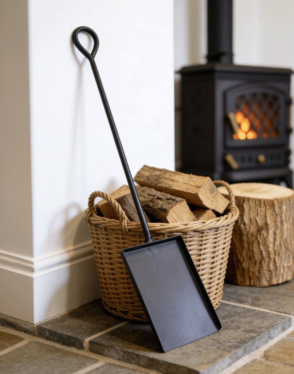 The Extra Long Fireside & Firepit Spade Tool in a Luxury Modern Home Next to a Fireplace - Digital Illustration 
