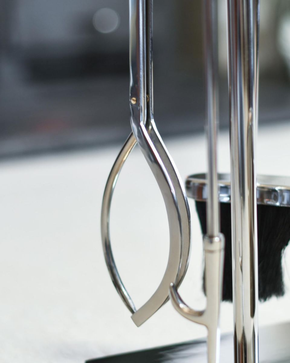 Close Up Of "The Fareham" Polished Companion Set With Leather Handles Tongs