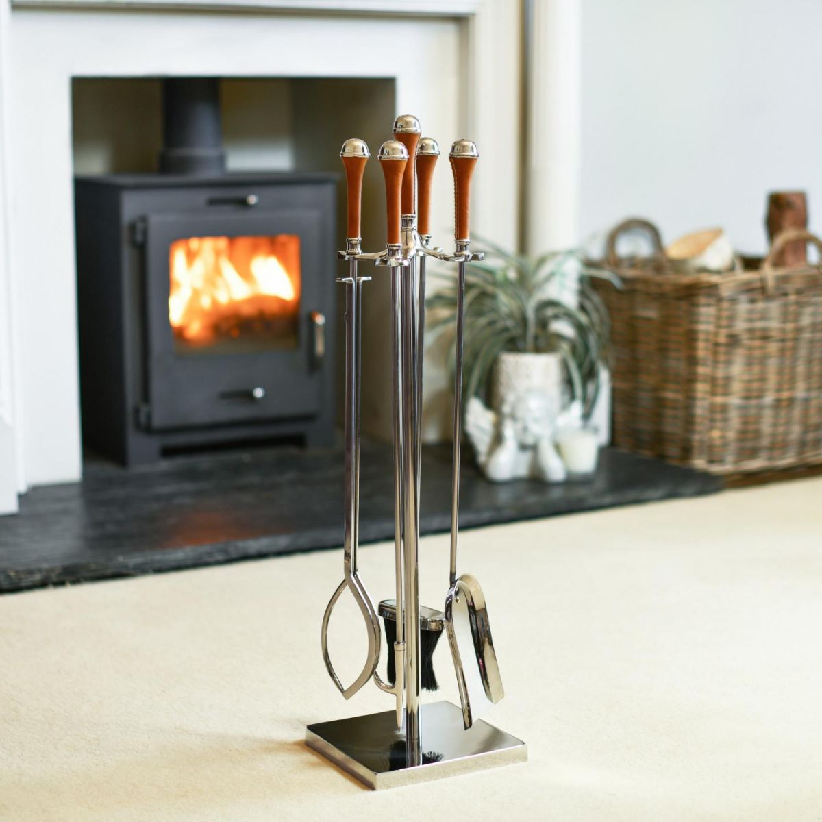 "The Fareham" Polished Companion Set With Leather Handles In Situ