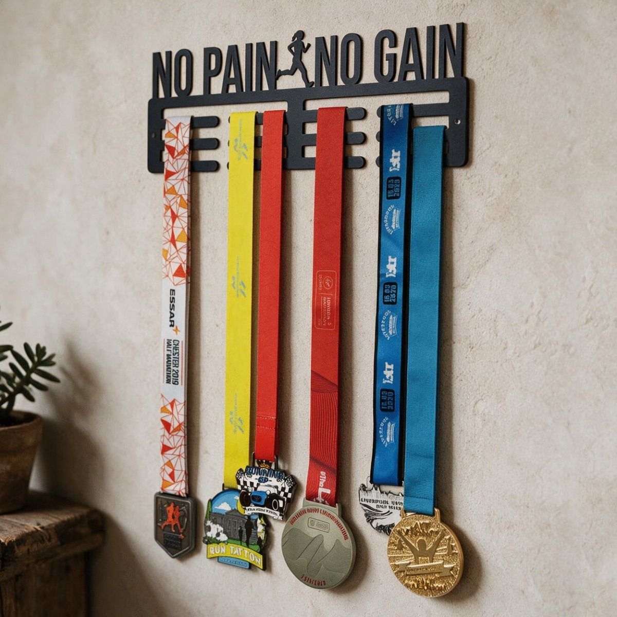 The Female "No Pain No Gain" Sports Medal Hanger Fitted in a Modern Interior `setting on a Wall - Digital Illustration