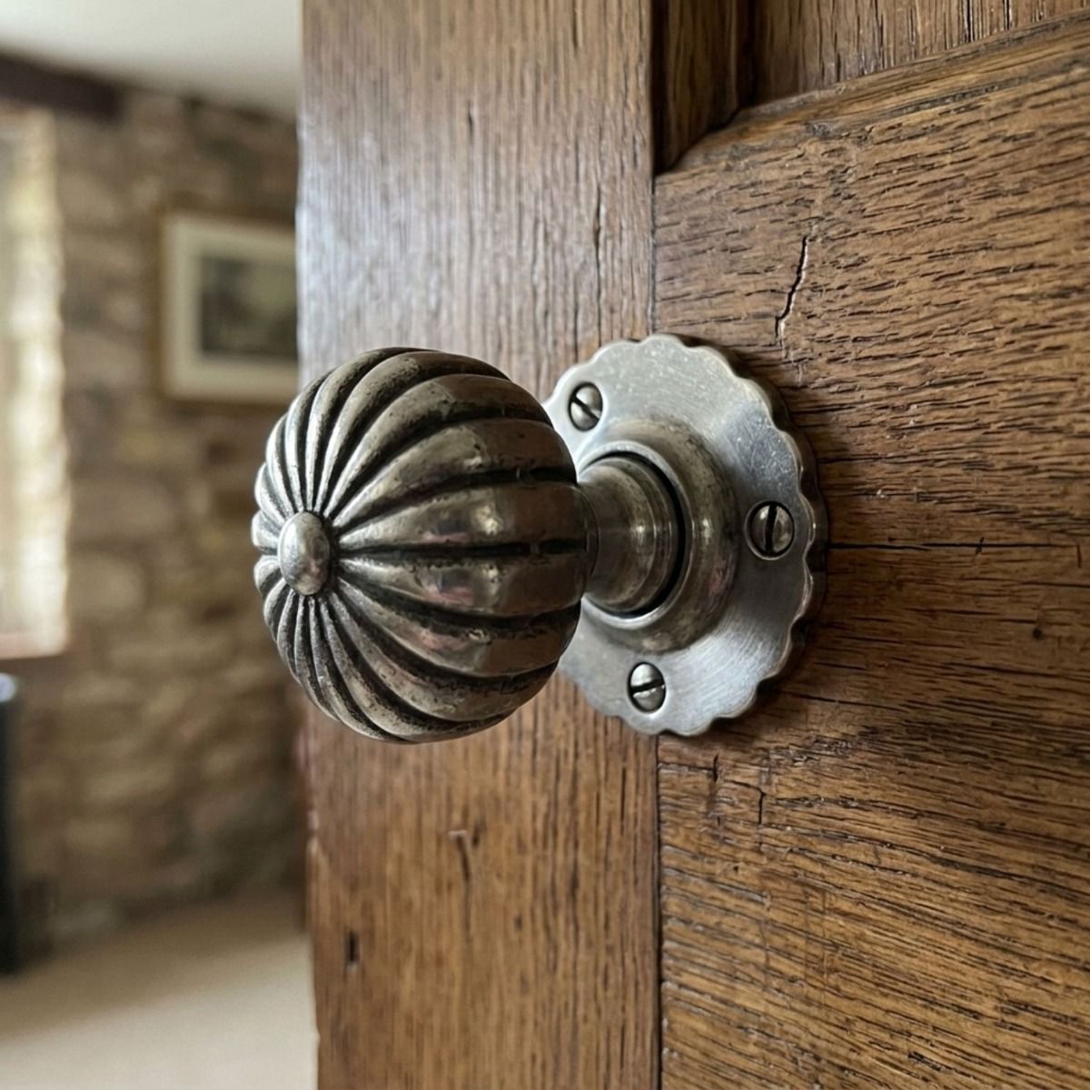 The Flat Flower Antique Silver Door Knob Set on a Door in a Country Cottage - Digital Illustration
