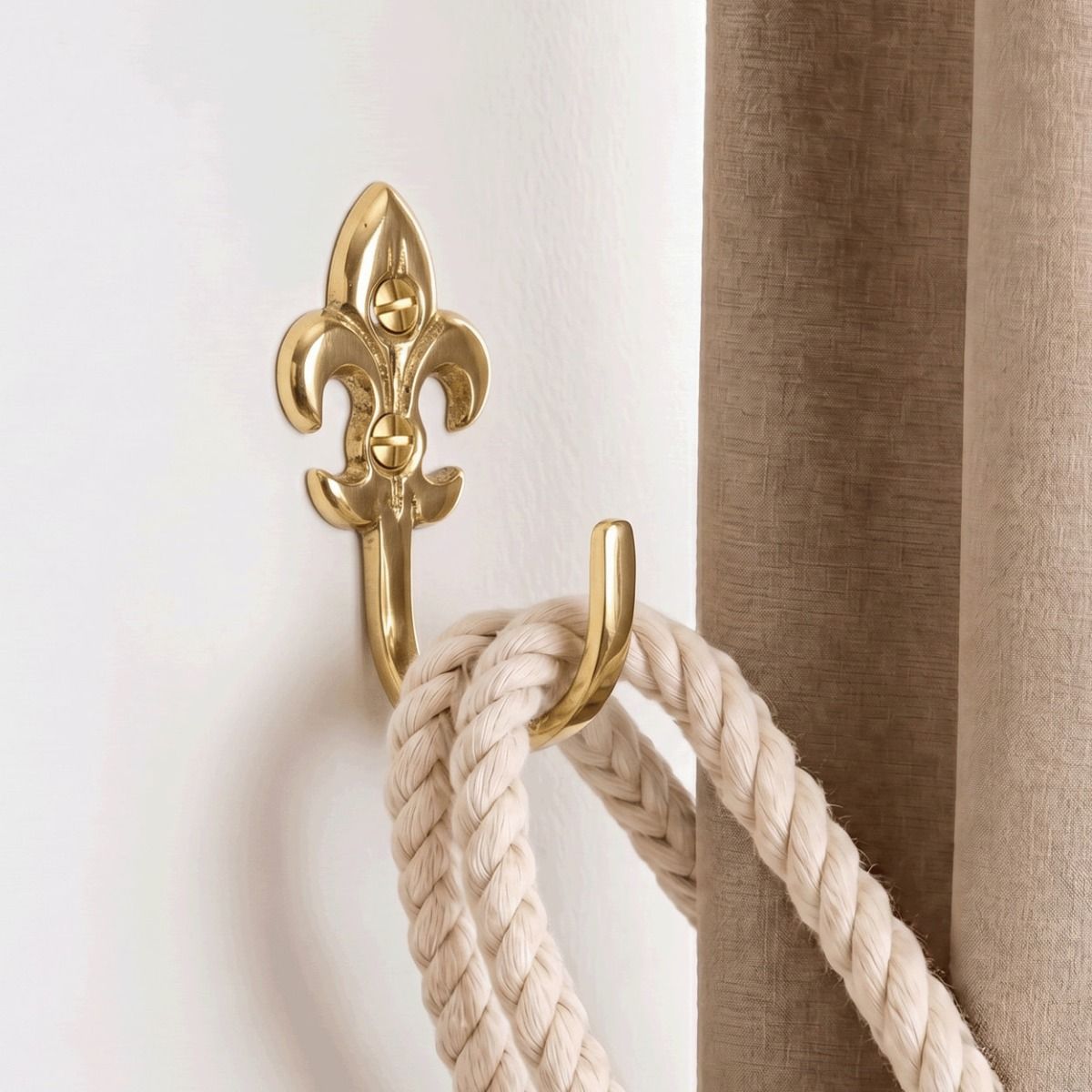 The ’Fleur De Lys’ Curtain tie back hook version 1 in a Modern White Living Room - Digital Illustration 
