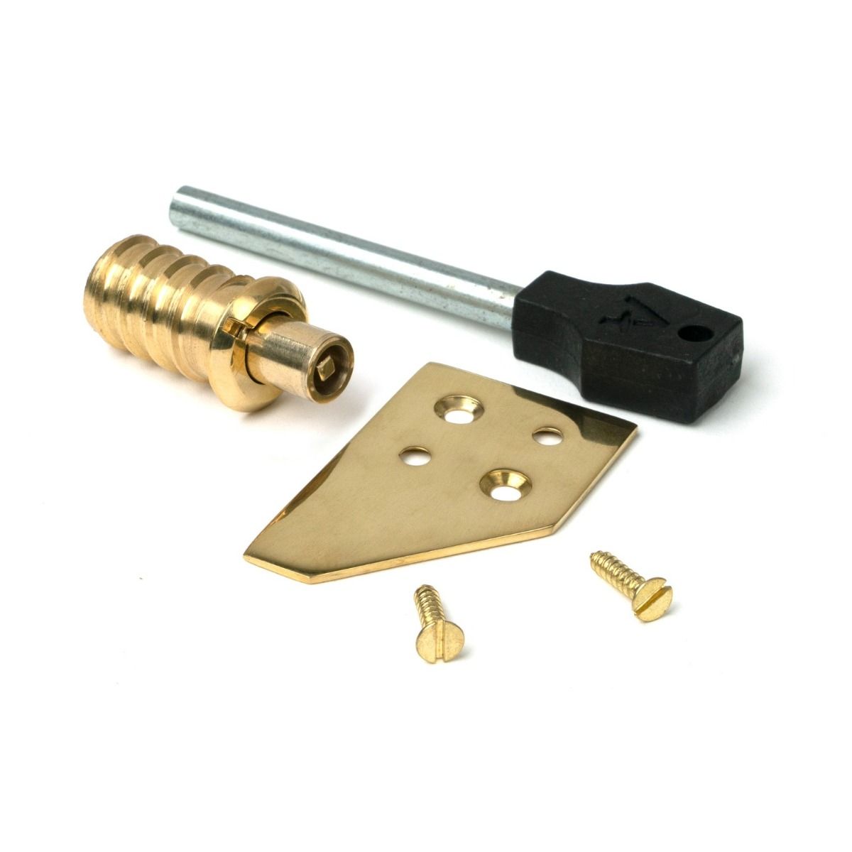 The Flush Fitting Lockable Sash Window Security Stop in Polished Brass Shown on a White Background with Supplied Screws