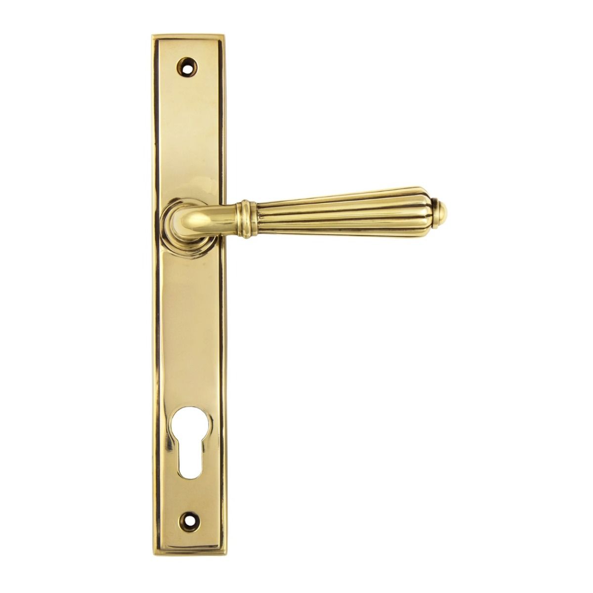 The Fluted Slimline Exterior Door Handle - Aged Brass Finish Shown from the Front.