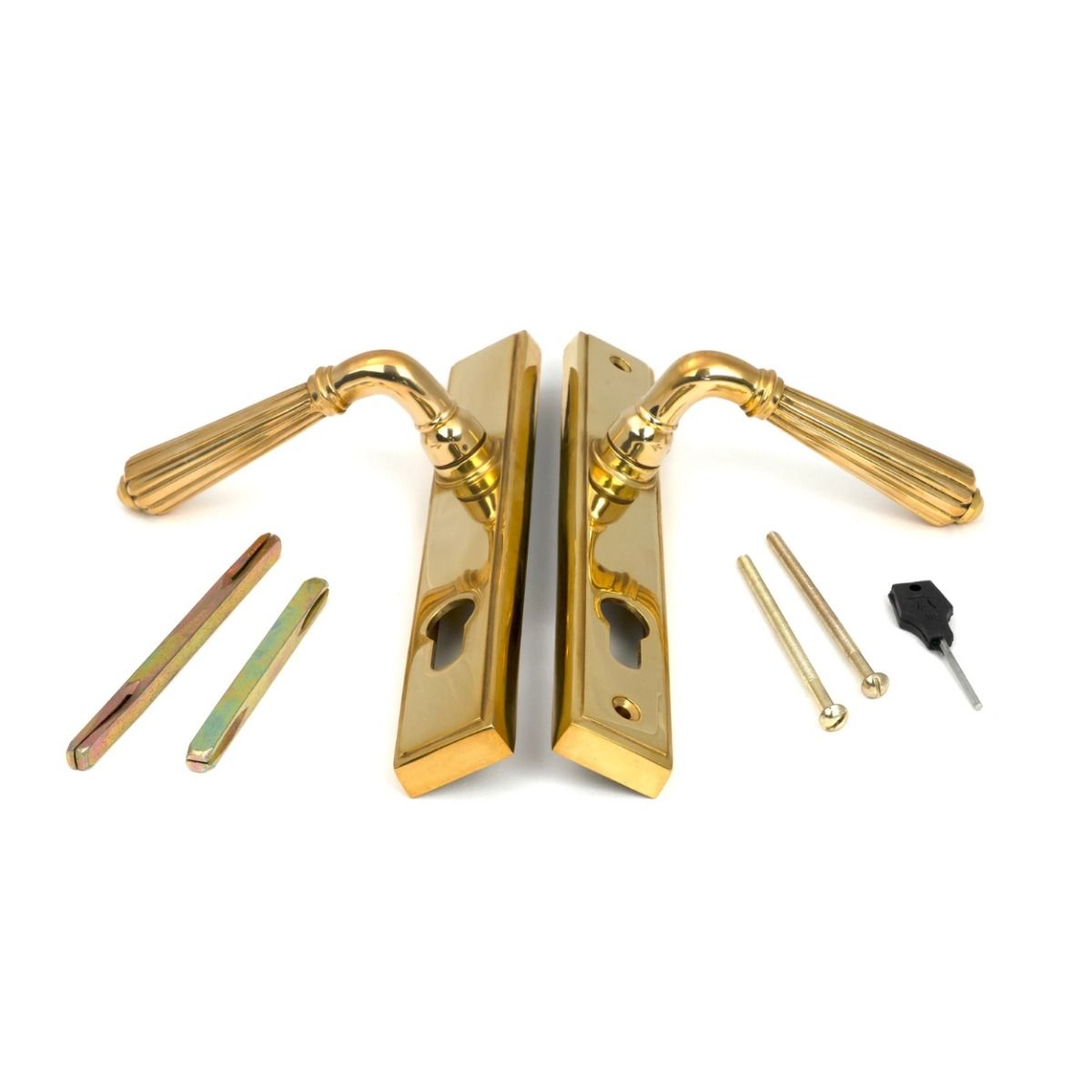 The Fluted Slimline Exterior Door Handle in a Polished Brass Finish Displaying Both Front and Back with the Fitting Screws