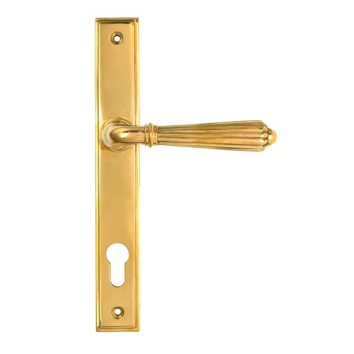 The Fluted Slimline Exterior Door Handle in a Polished Brass Finish Shown From the Front