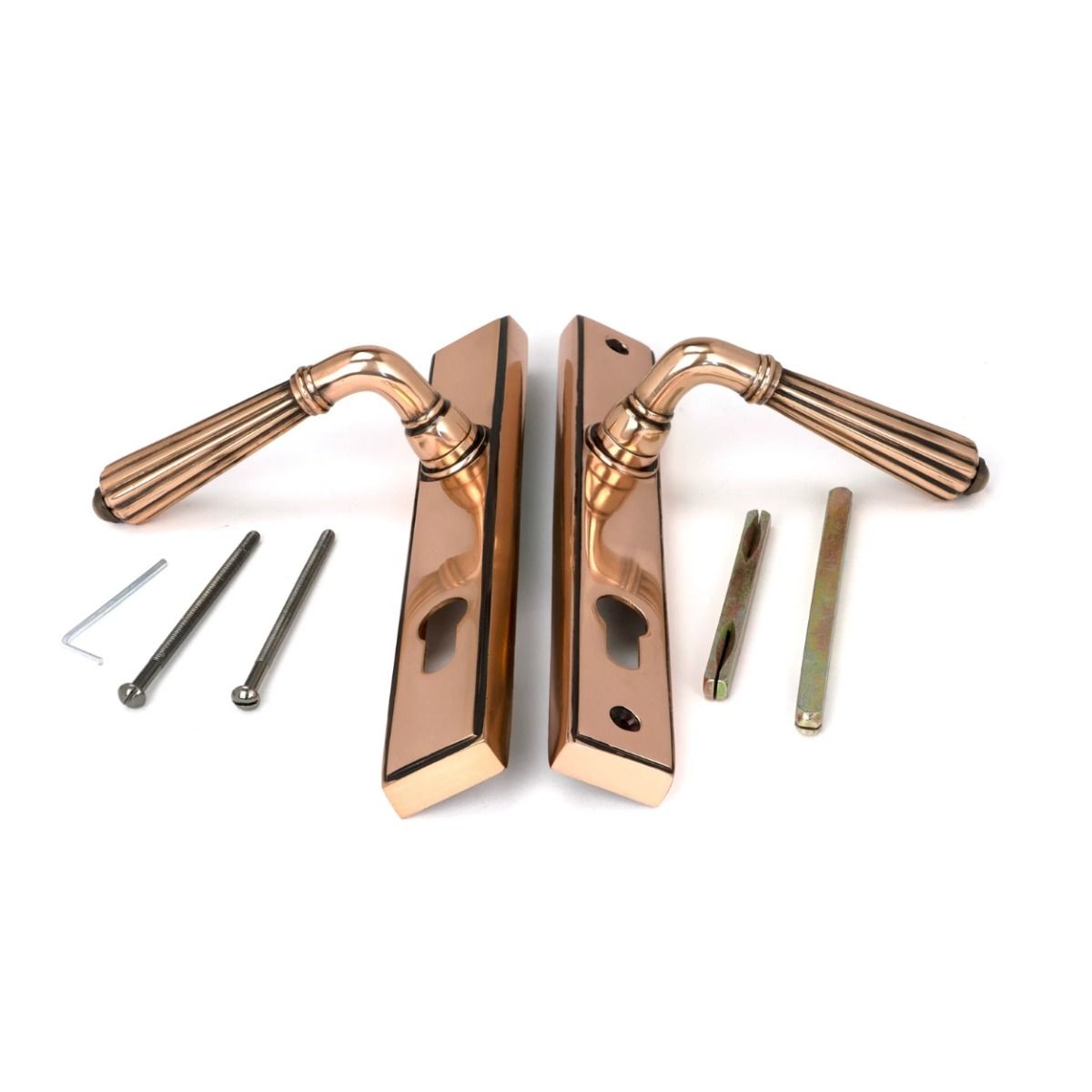The Fluted Slimline Exterior Door Handle in a Polished Bronze Finish Shown with Both Front and Back with Fitting Screws