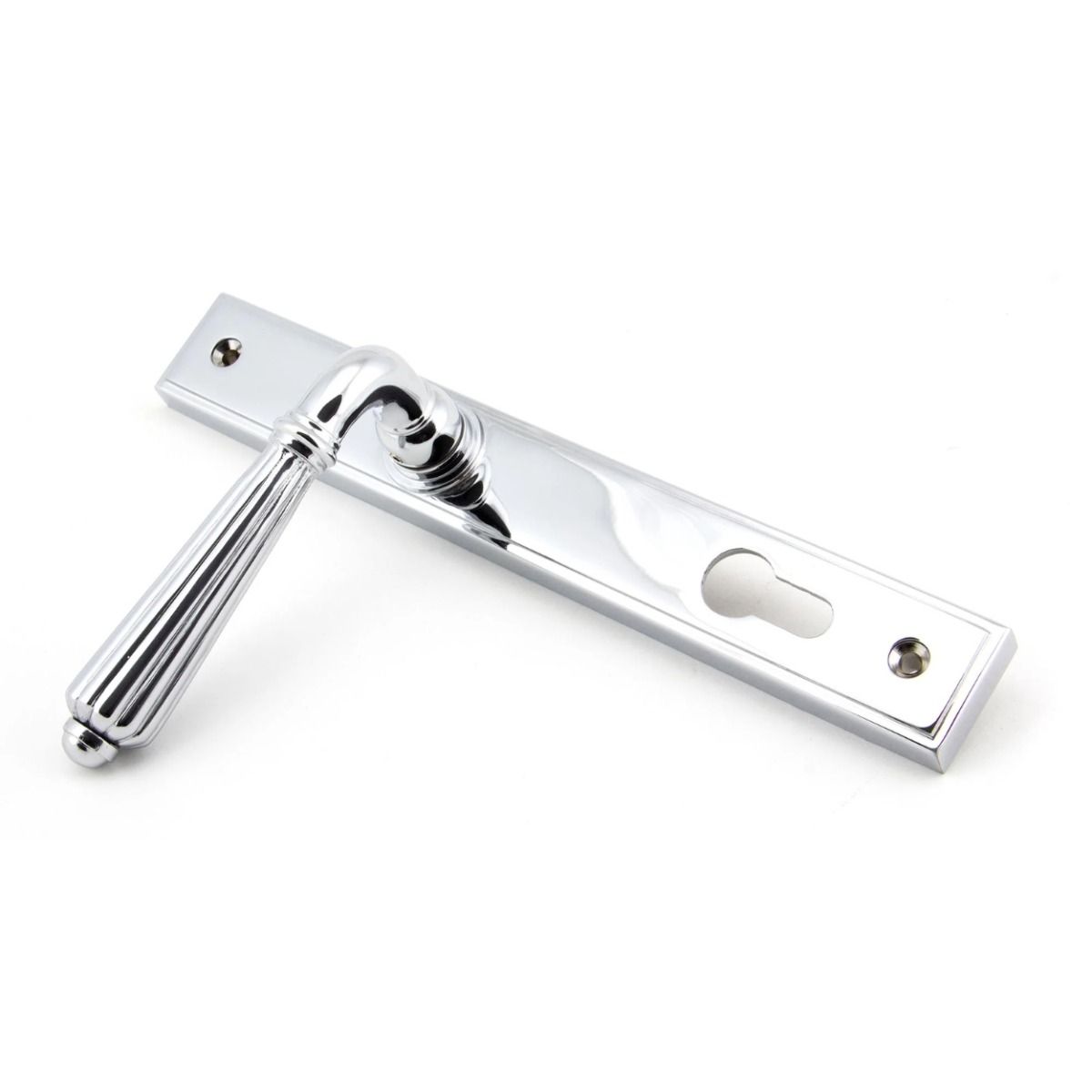 The Fluted Slimline Exterior Door Handle in a Polished Chrome Finish Shown at an Angle