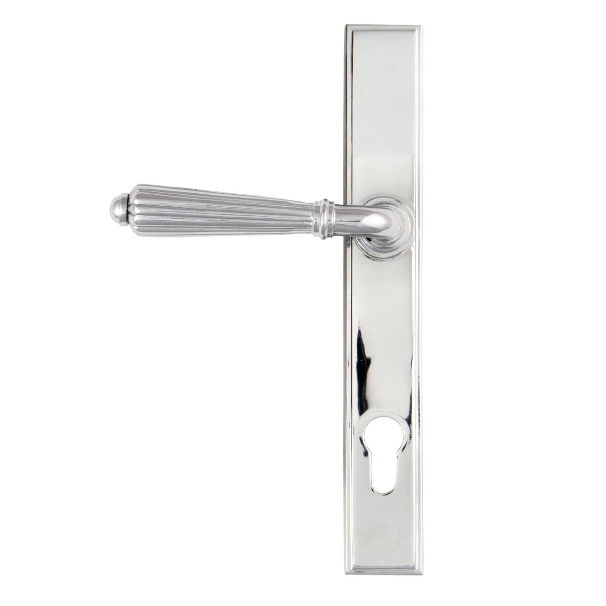 The Fluted Slimline Exterior Door Handle in a Polished Chrome Finish Shown from the Back
