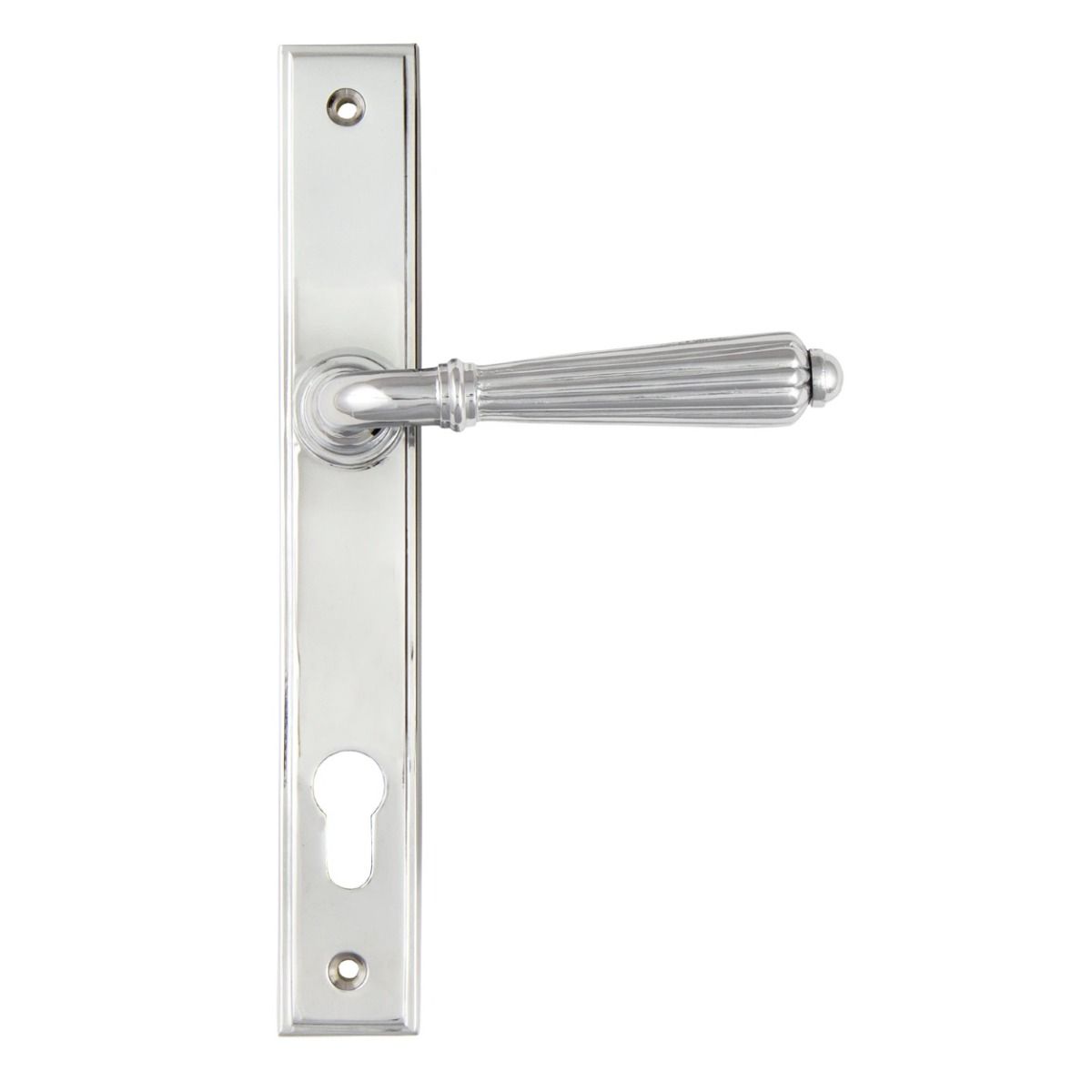 The Fluted Slimline Exterior Door Handle in a Polished Chrome Finish Shown from the Front 