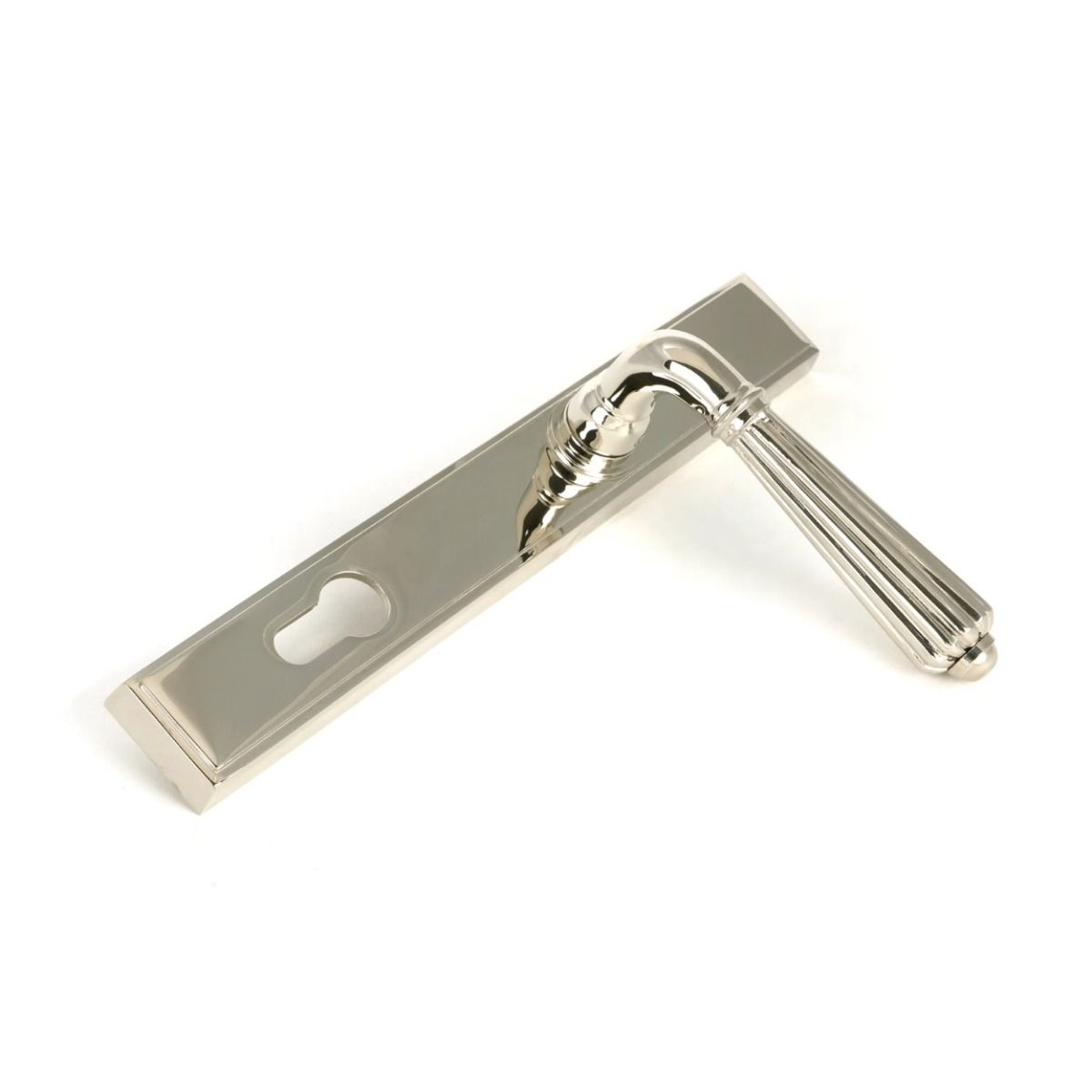 The Fluted Slimline Exterior Door Handle in a Polished Nickel Finish Shown at an Angle