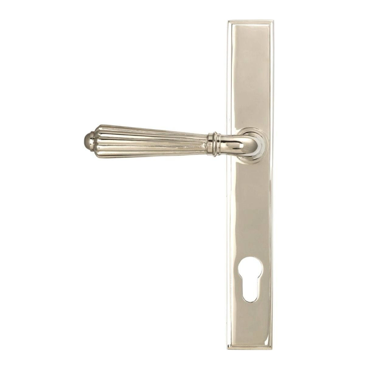 The Fluted Slimline Exterior Door Handle in a Polished Nickel Finish Shown from the Back 