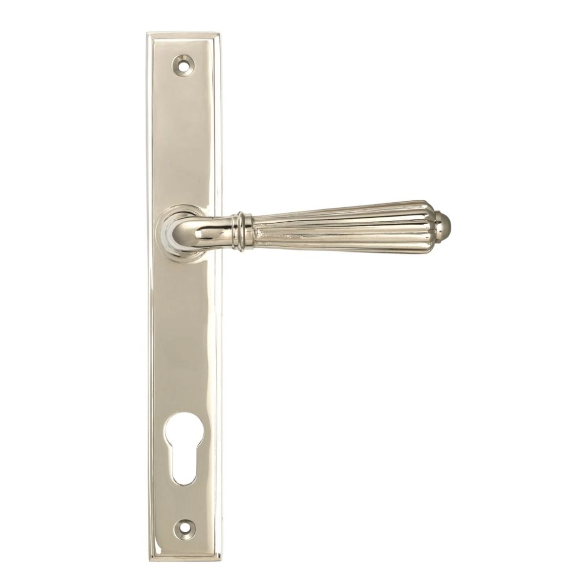The Fluted Slimline Exterior Door Handle in a Polished Nickel Finish Shown from the Front 