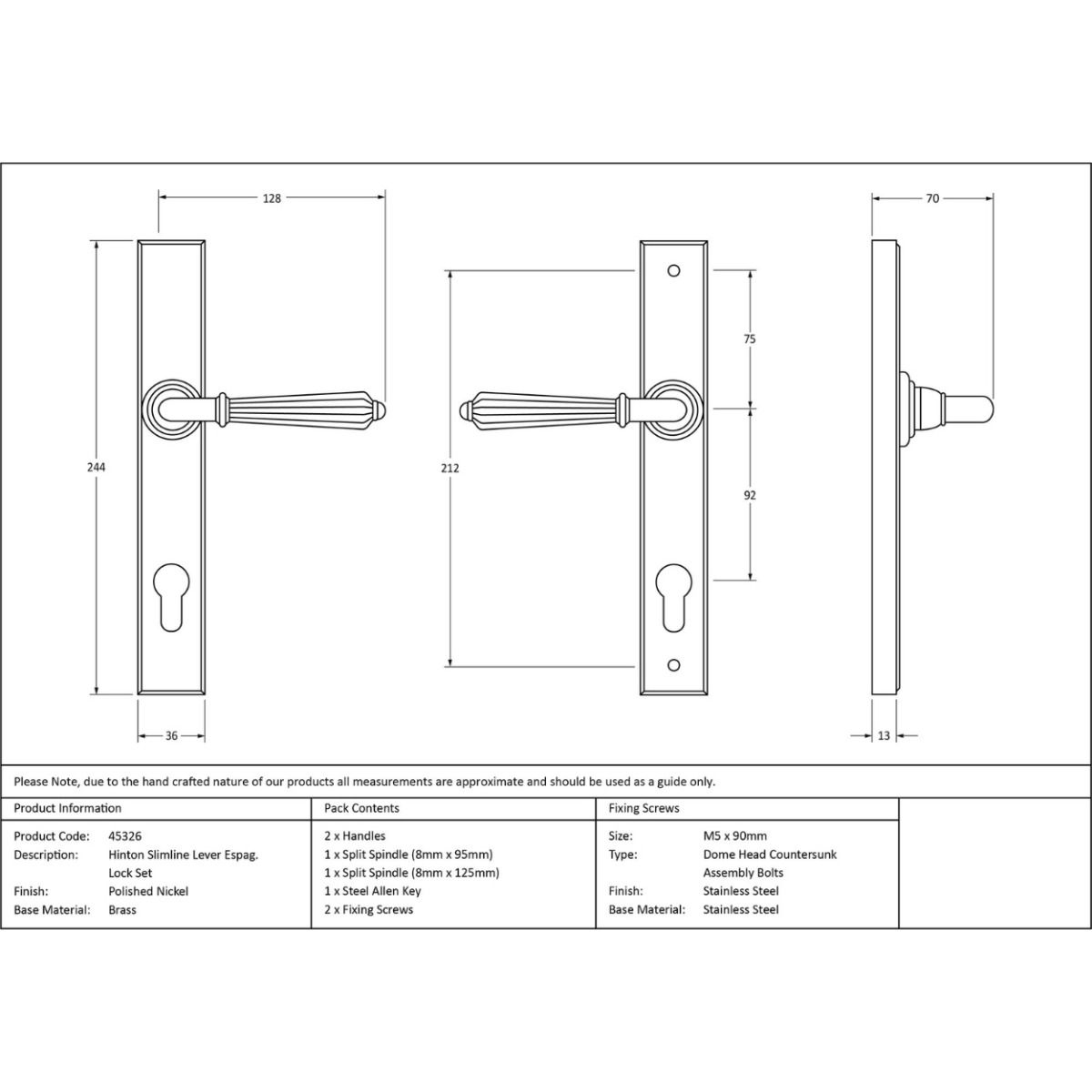 The Fluted Slimline Exterior Door Handle in a Polished Nickel Finish Technical Drawings and Dimensions