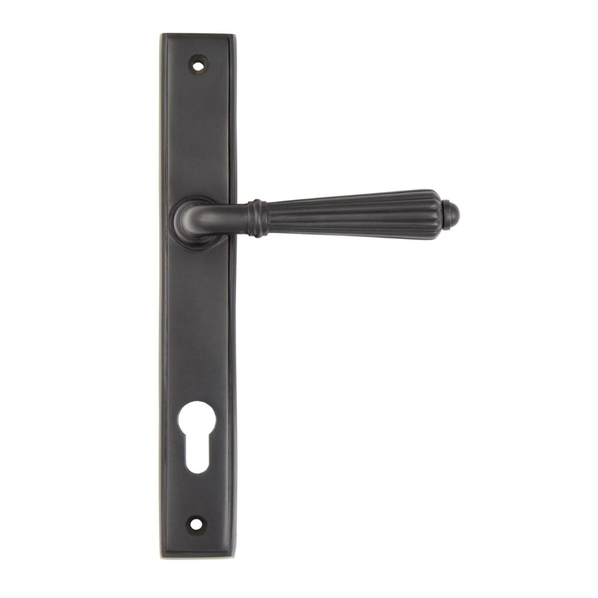 The Fluted Slimline Exterior Door Handle in an Aged Bronze Finish Shown from the Front