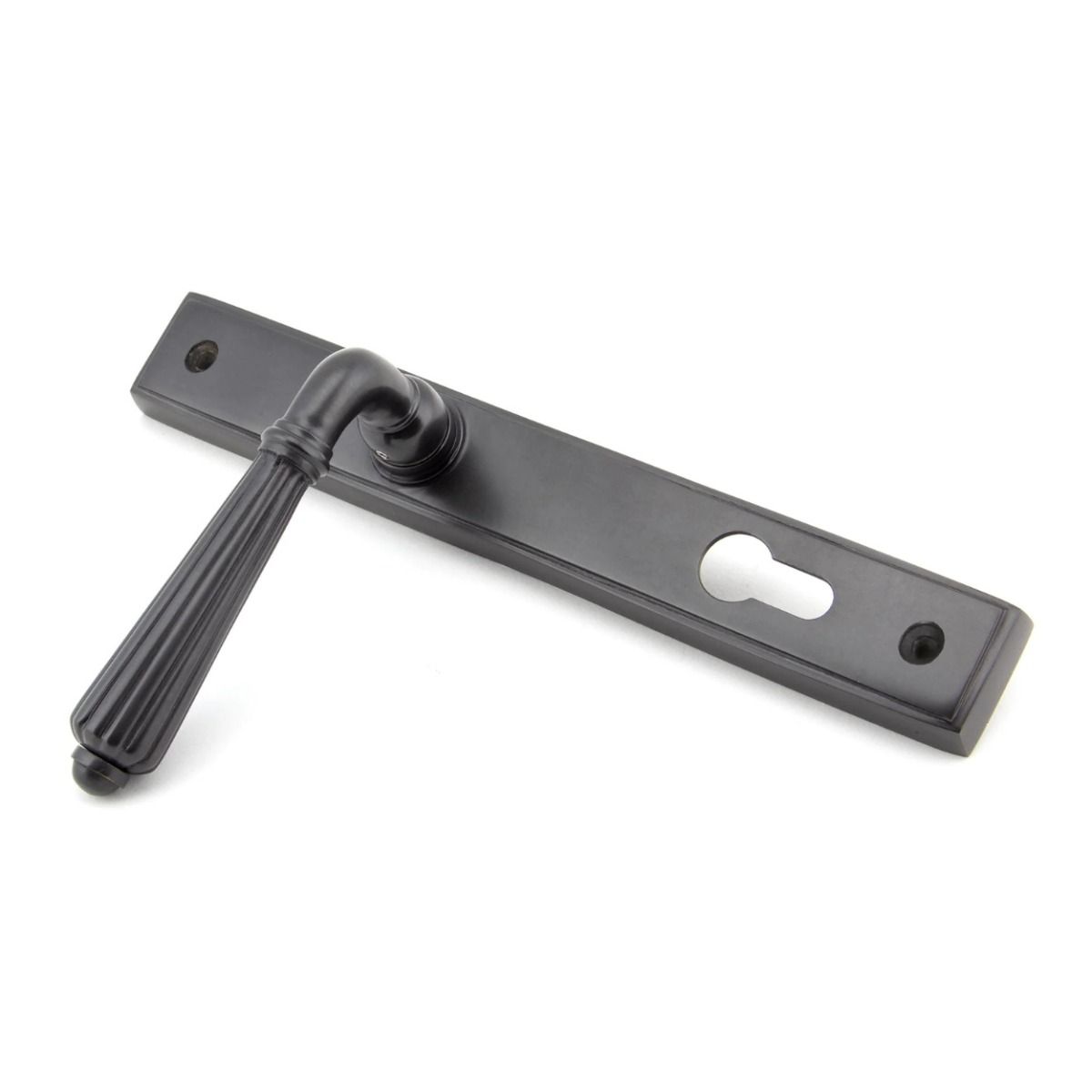 The Fluted Slimline Exterior Door Handle in an Aged Bronze Finish Shown Leaning to the Left