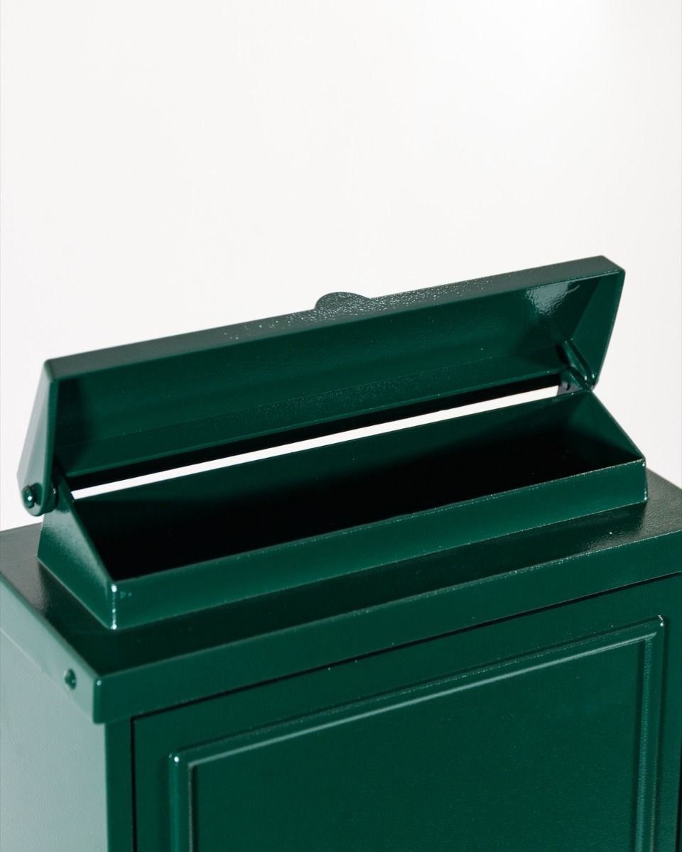 The Forest Green "Oxford" Wall Mounted Post Box with Gold Detail Looking at the Letter Aperture with the Rain Flap Open