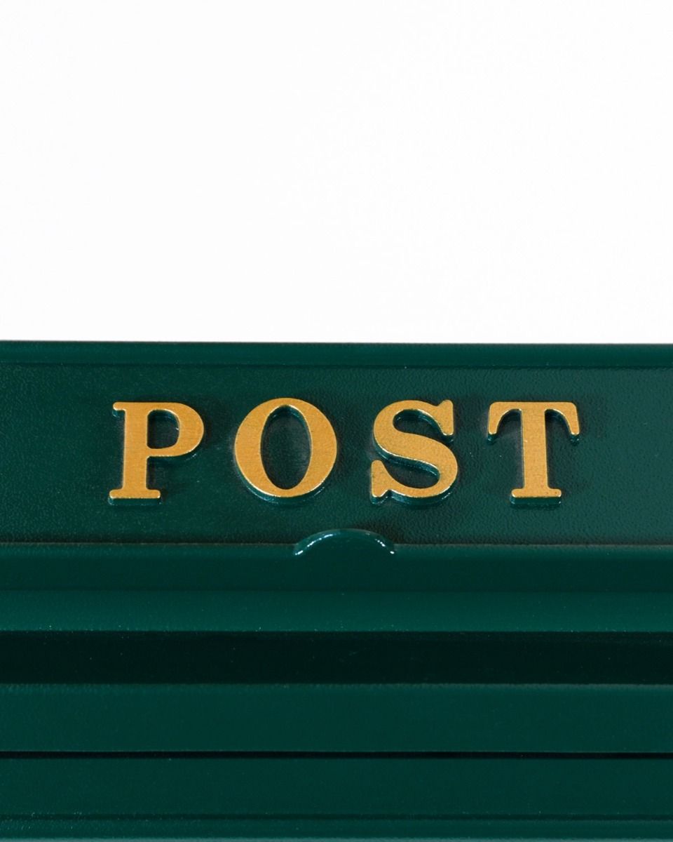 The Forest Green "Oxford" Wall Mounted Post Box with Gold Detail Looking at the Writing on the Top of Lid