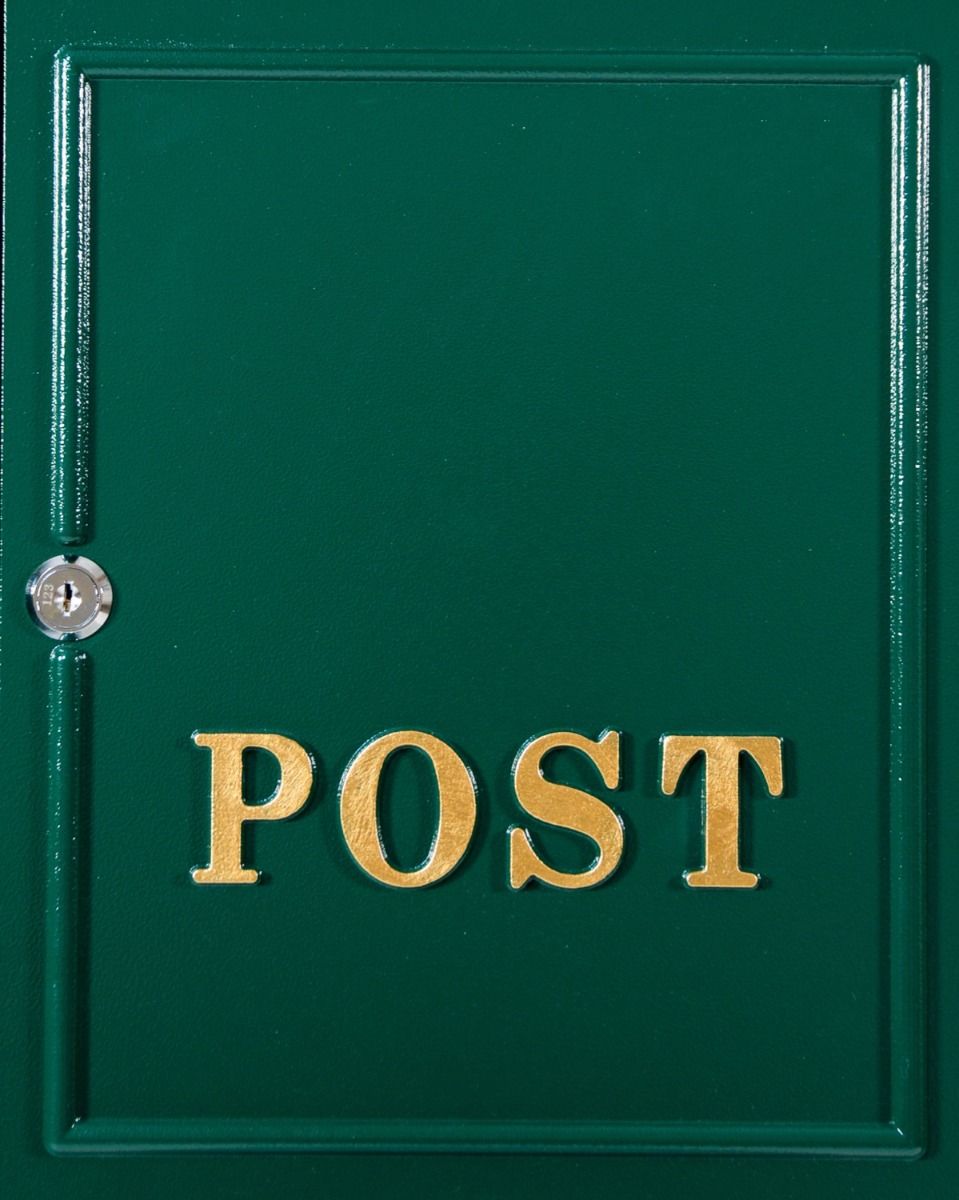 The Forest Green "Oxford" Wall Mounted Post Box with Gold Detail Looking Close up at the Gold Lettering that Says Post on the Front