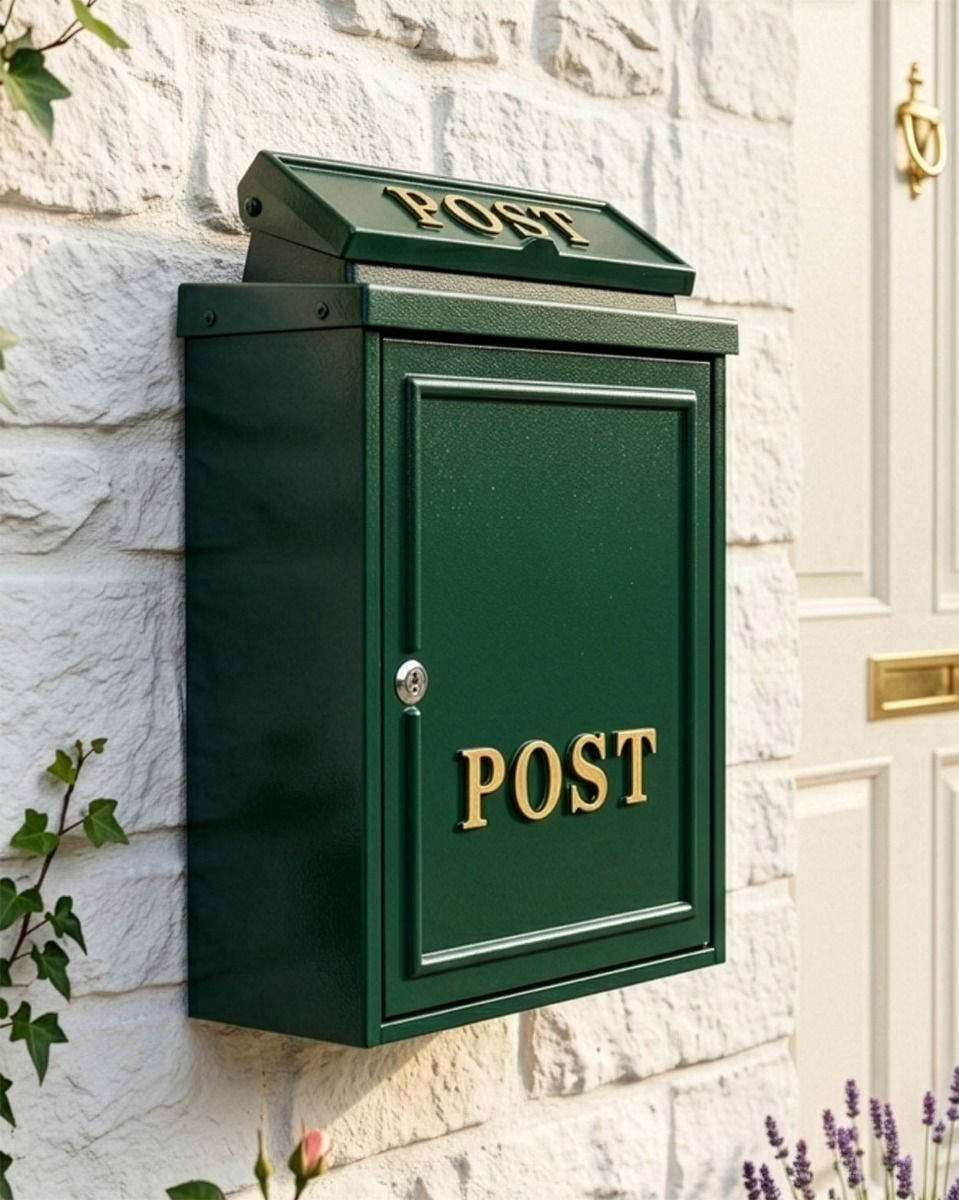The Forest Green "Oxford" Wall Mounted Post Box with Gold Detail on a White Brick Wall Outside the Front of a Modern Cottage - Digital Illustration
