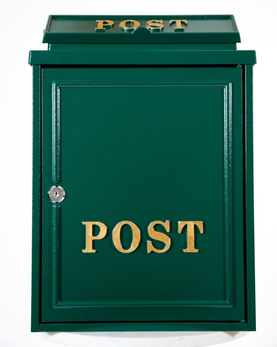 The Forest Green "Oxford" Wall Mounted Post Box with Gold Detail Shown from the Front on a White Background 