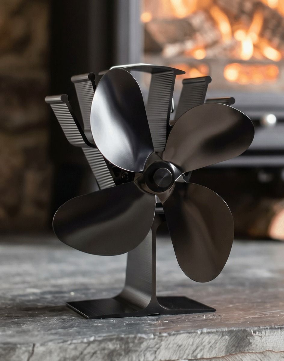 The Four Blade Heat Powered Stove Fan in Front of a Black Fireplace - Digital Illustration