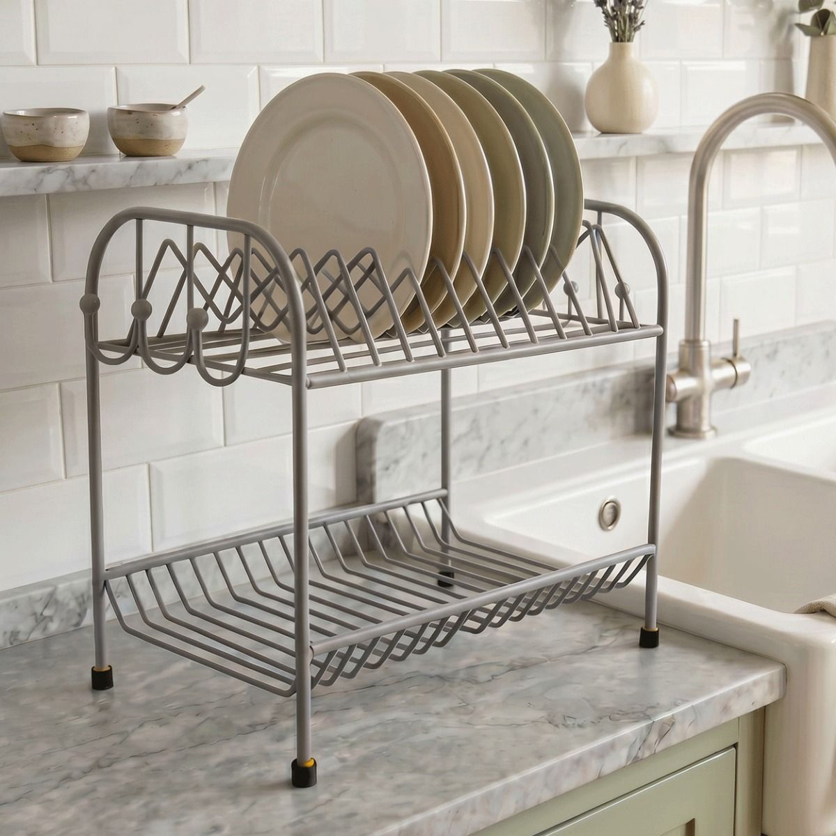 The Freestanding Draining Rack in a Contemporary Tiled Kitchen Next to a Sink - Digital Illustration 