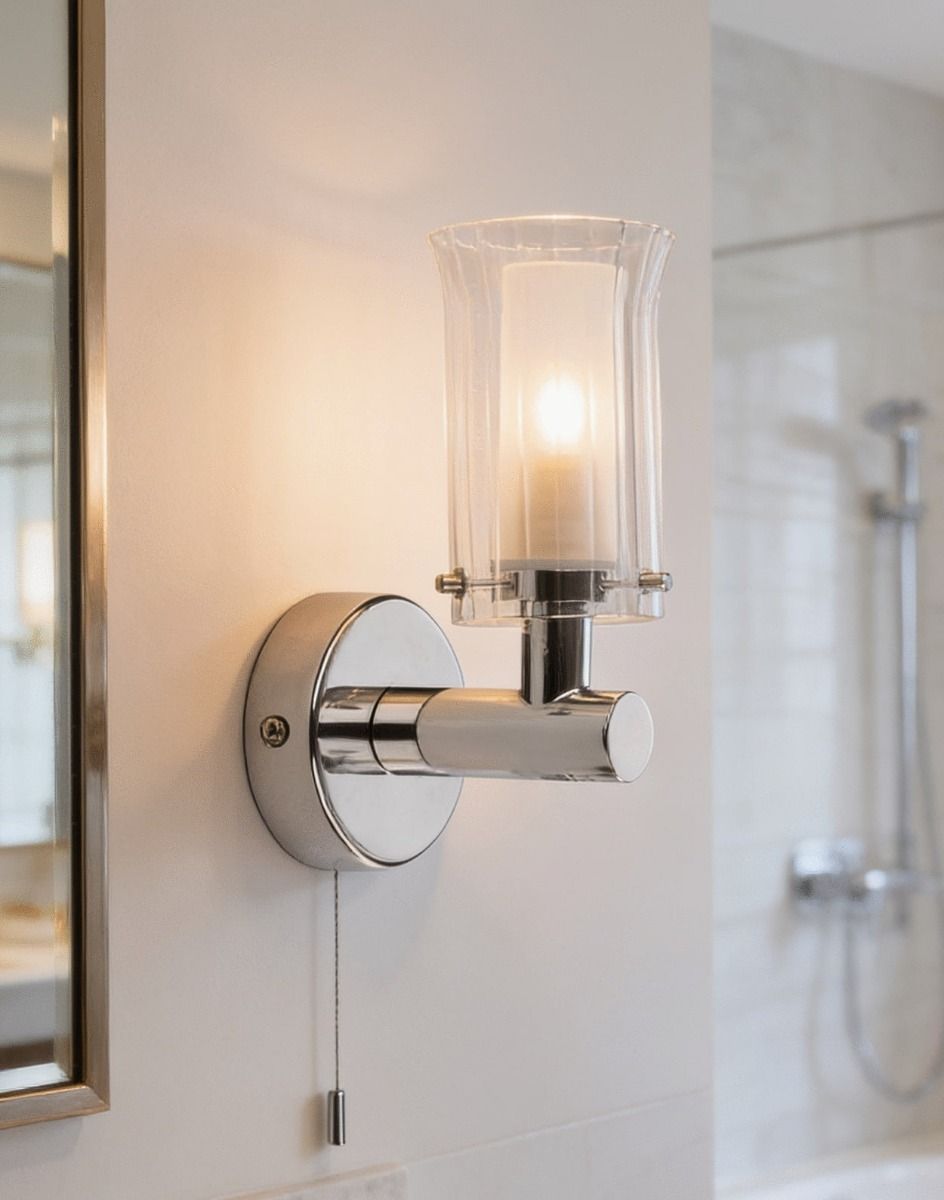 The Frosted Glass Contemporary Single Bulb Wall Light Mounted to a White Tile Bathroom Wall - Digital Illustration