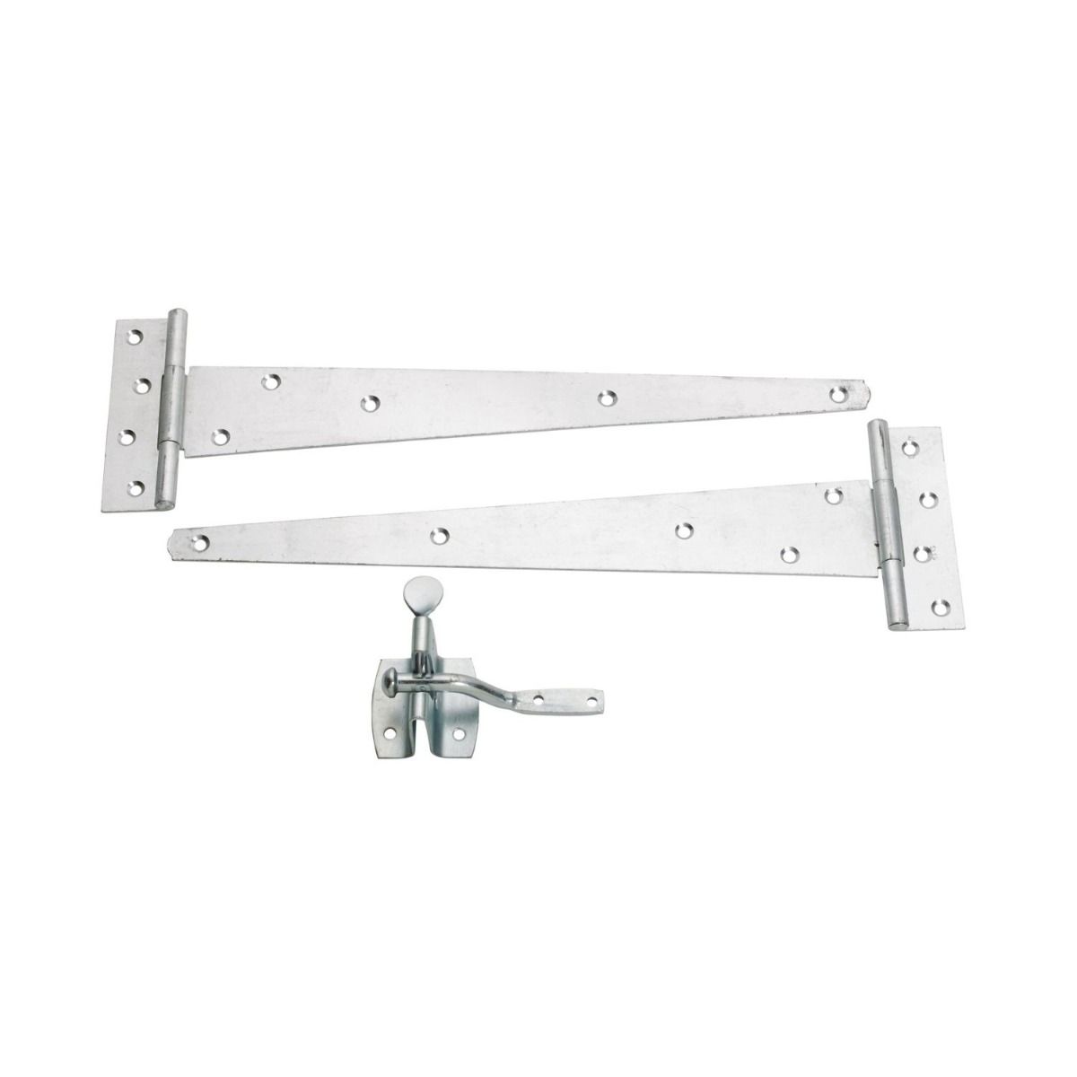 The Galvanised 350mm (14") Door Hardware Kit - Complete Tee Hinges & Auto Latch Pack on a White Background 