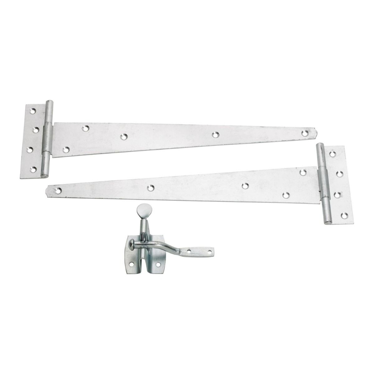 The Galvanised 450mm (18") Door Hardware Kit - Complete Tee Hinges & Auto Latch Pack on a White Background 