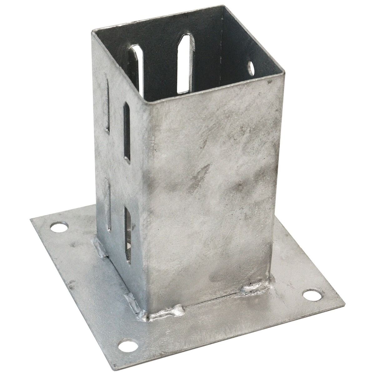 The Galvanised Bolt Down Fence Post Support - Heavy Duty Wedge Grip Post Base on a White Background in 75mm and 100mm