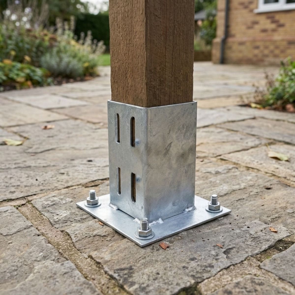 The Galvanised Bolt Down Fence Post Support on a Traditional Stone Patio - Digital Illustration