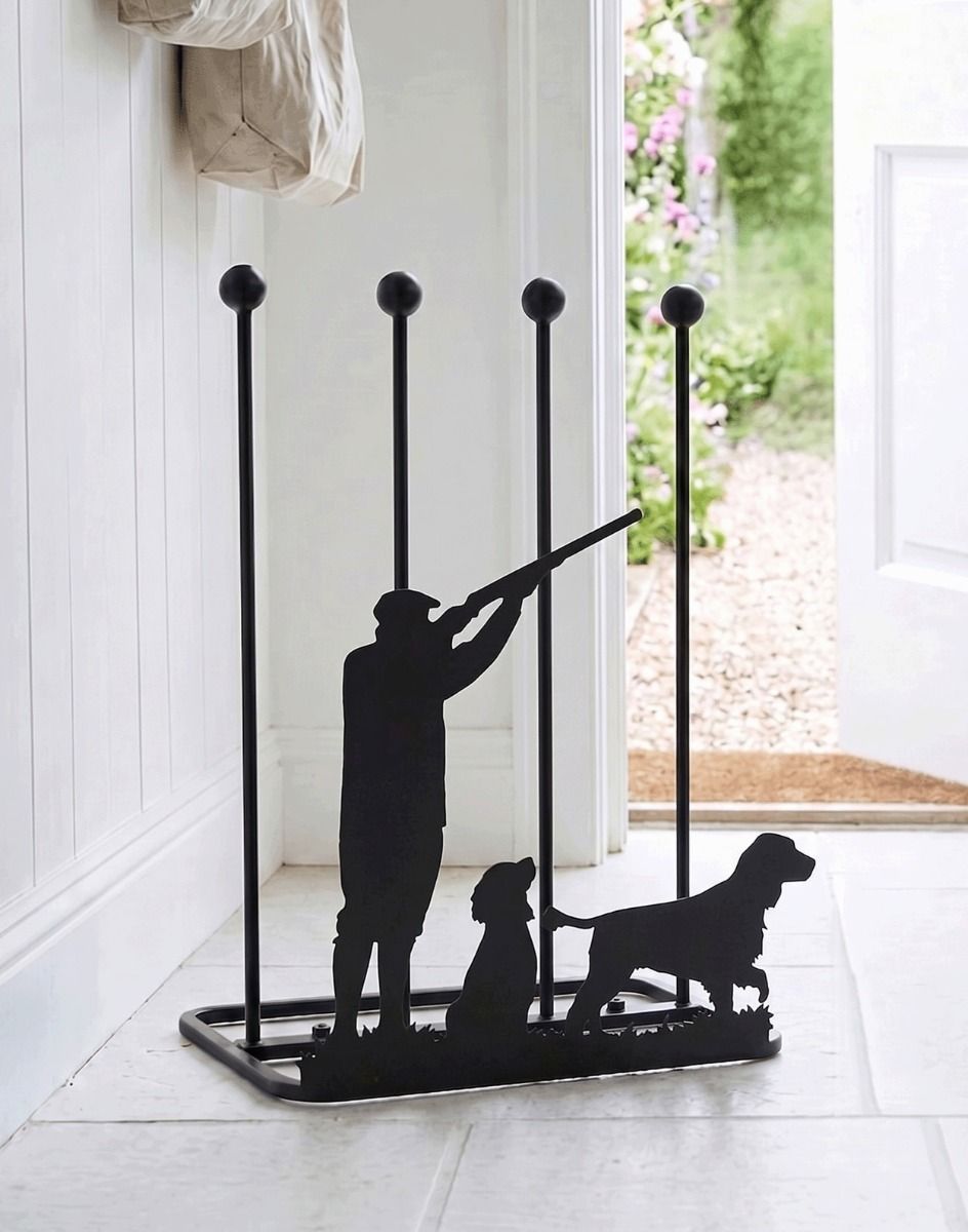 The Game Season Cocker Spaniel Steel Boot Rack Placed in a White Tiled Cottage Hallway - Digital Illustration 
